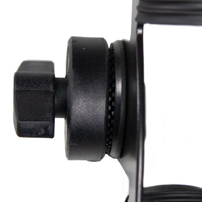 Close-up of black boom pole holder tightening dial and mounting clamp