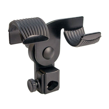Black boom pole holder clamp with adjustable knob and rubber grip pads