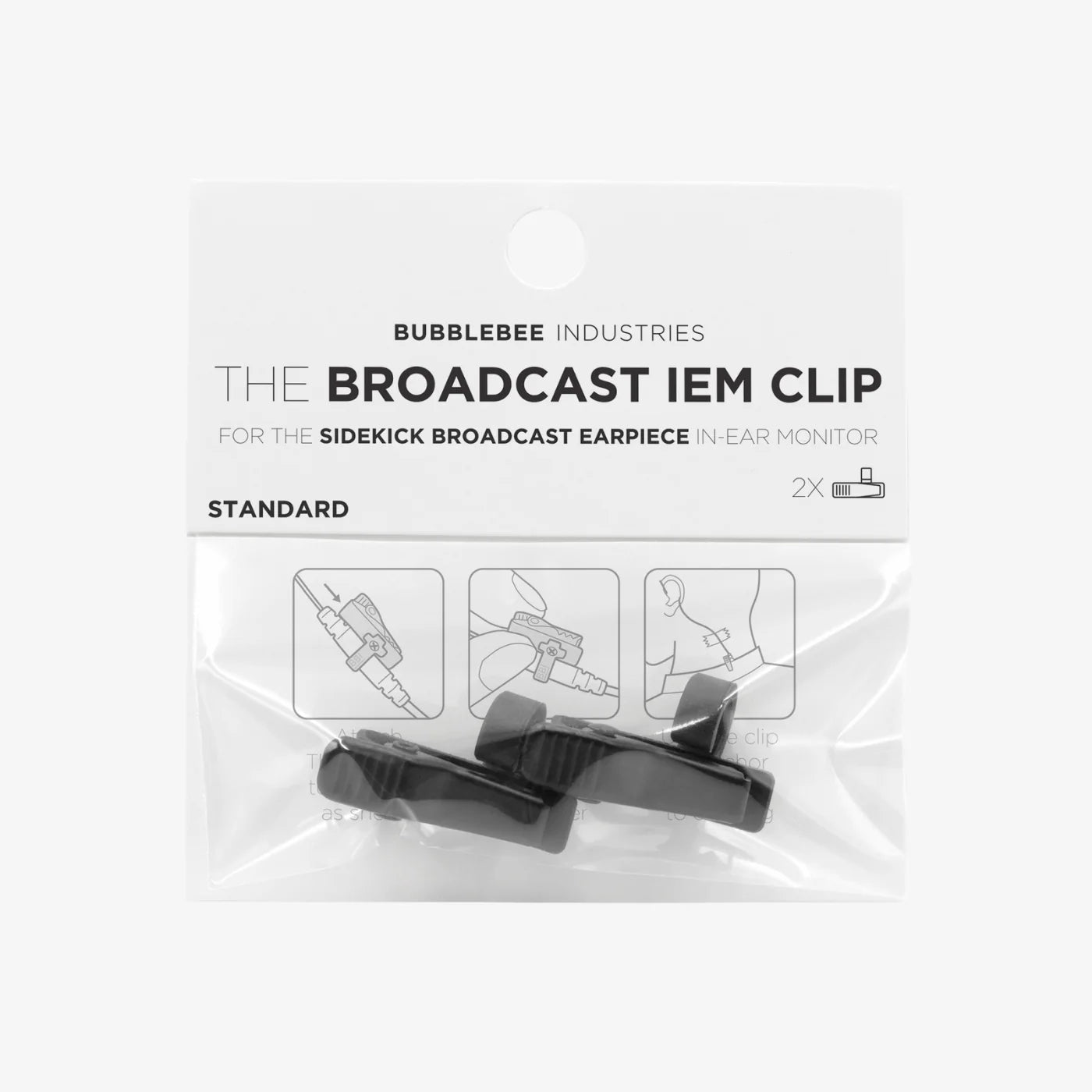 Package for a standard IEM clip, shown in sealed clear wrapper