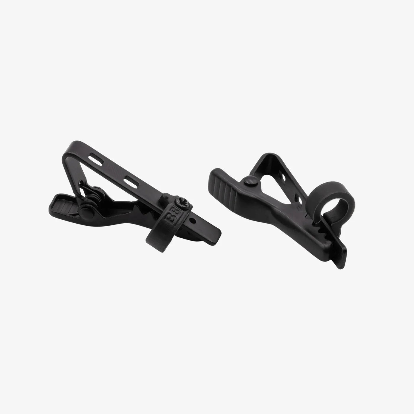 Pair of black IEM clips with hinges and mounting teeth