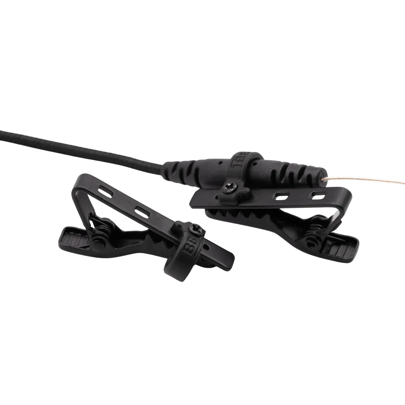Black in-ear monitor (IEM) cable clip with bracket and locking lever