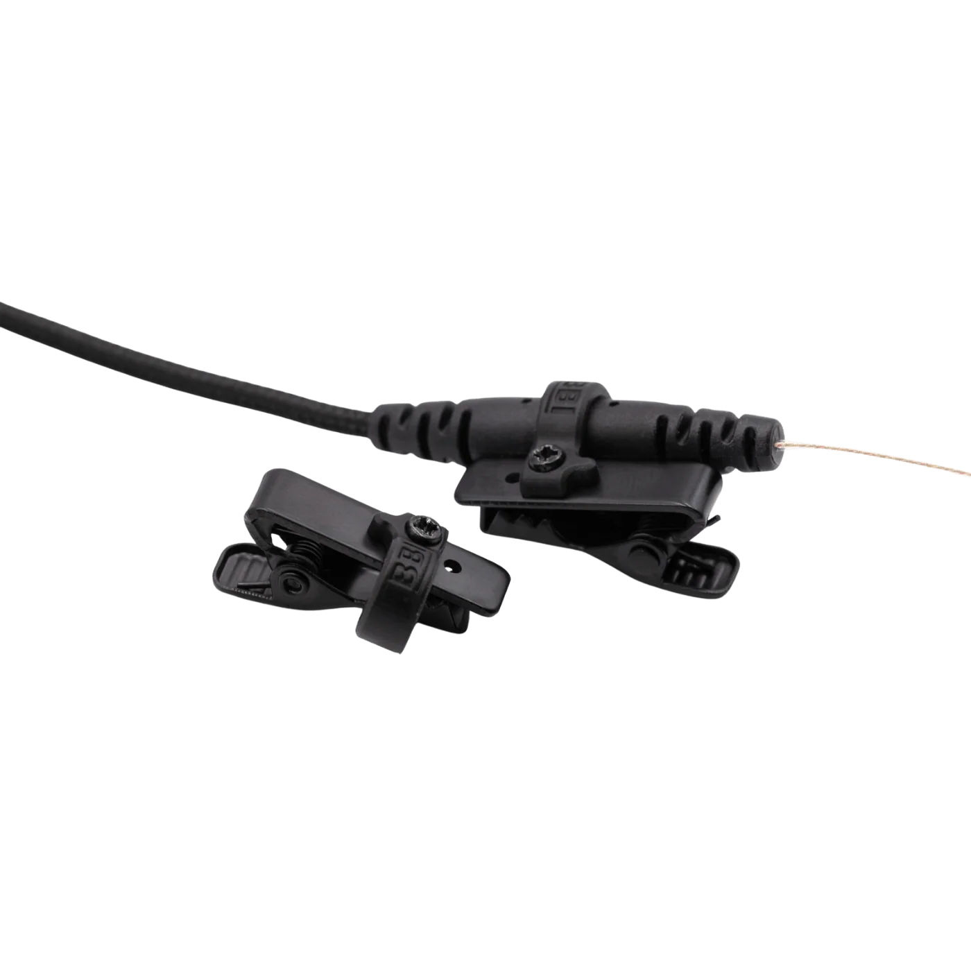 Black IEM clip set on a short cable, showing adjustable mounting clips