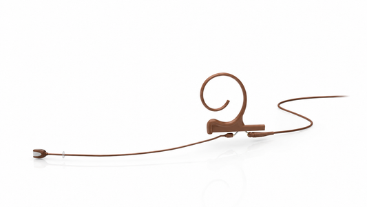 Brown omnidirectional flex earset microphone with curled ear hook and long boom