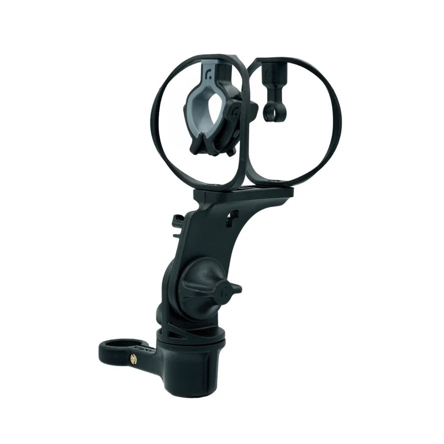 Black and gray shock mount assembly with dual rings, shock arms, and desk clamp