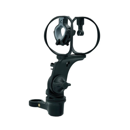 Black and gray shock mount assembly with dual rings, shock arms, and desk clamp
