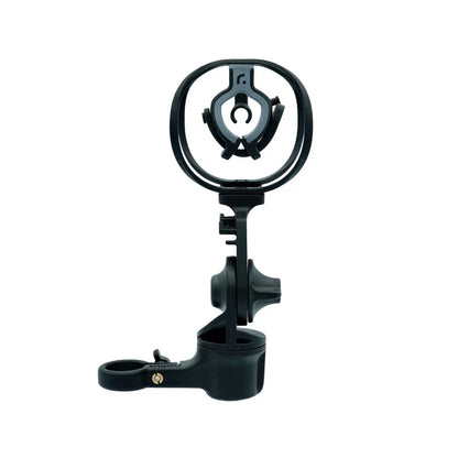 Black shock mount with double circular rings, spider arms, and clamp base