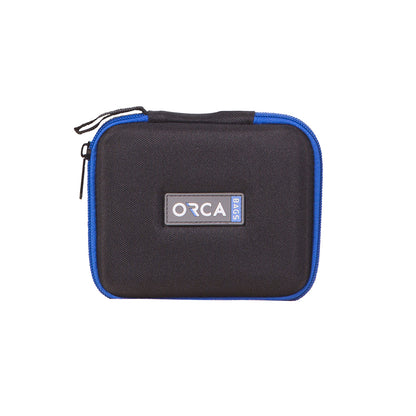 Dark gray capsule audio pouch with blue trim, zipper, ORCA logo patch