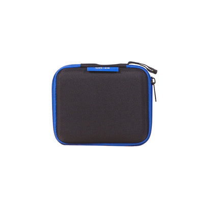 Dark gray capsule pouch with blue edge piping and zipper
