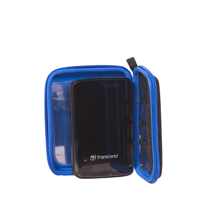 Blue-trimmed capsule pouch open with clear front pocket