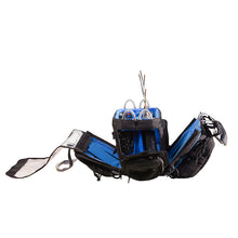 Small audio mixer bag with black body, blue interior, and open compartments