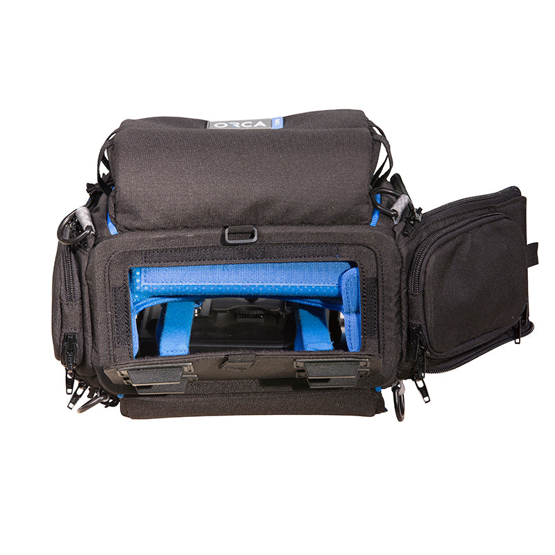 Black audio mixer bag with zip-open front and blue padded window