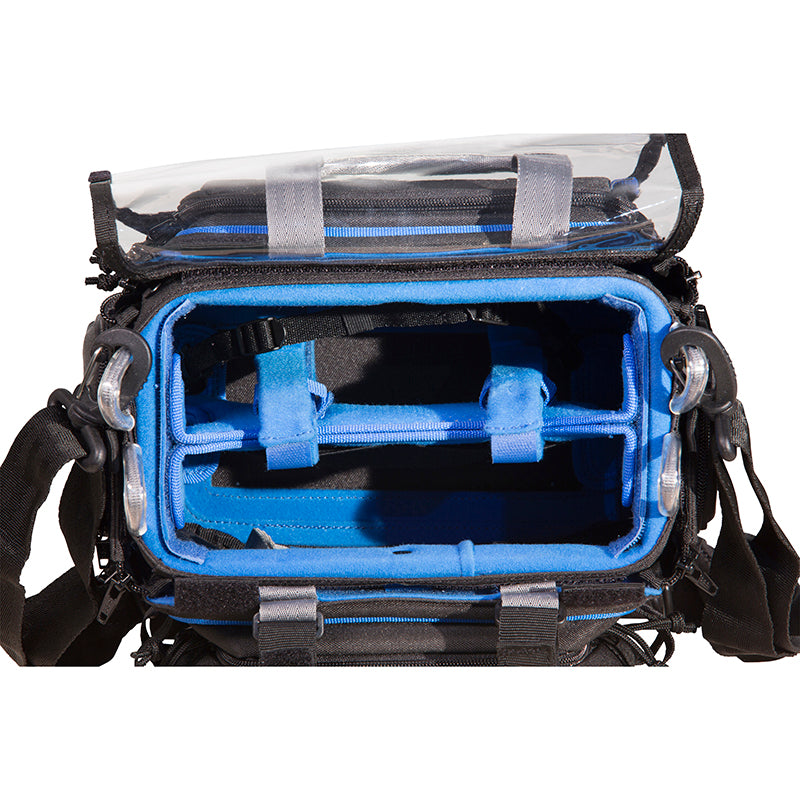Open small audio mixer bag showing blue-lined padded insert