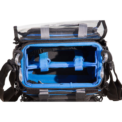 Open small audio mixer bag showing blue-lined padded insert