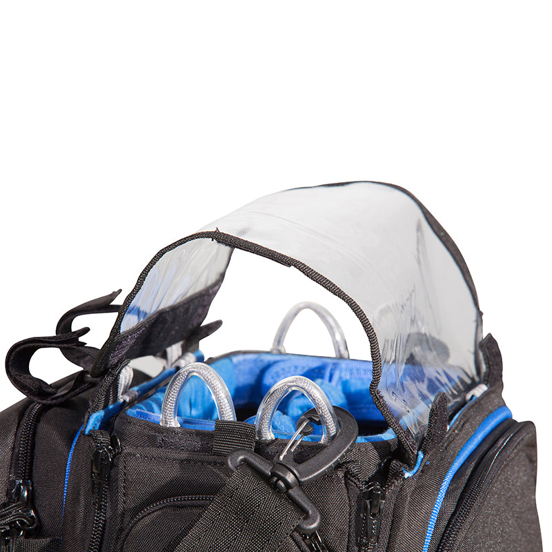 Small audio mixer bag with clear top cover and blue padded storage