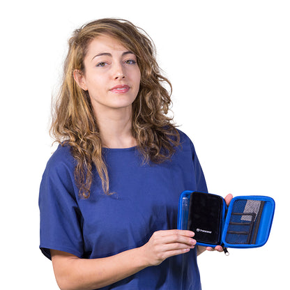 Dark gray capsule pouch with blue zipper trim, held by model