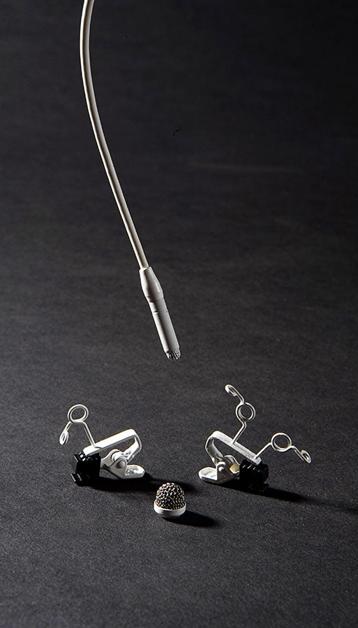 Sanken COS-11D lavalier microphone with holder clips and windscreen