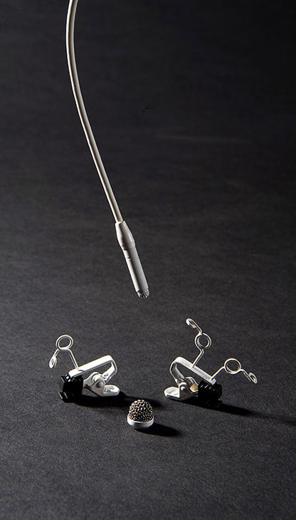 Sanken COS-11D lavalier microphone with holder clips and windscreen