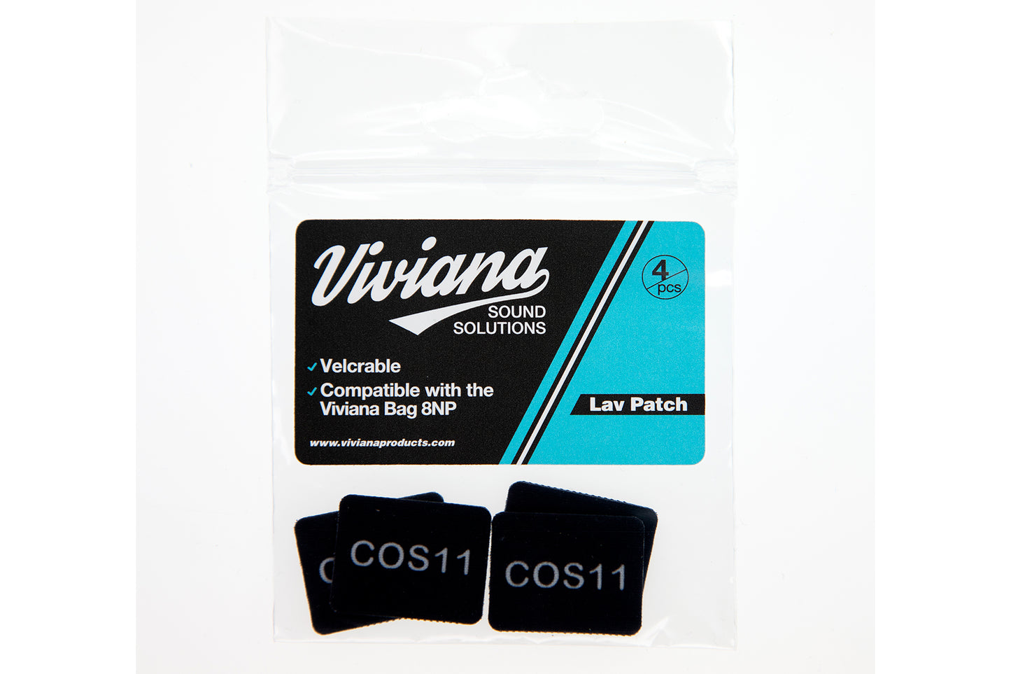 Black lav mic patches labeled COS11, 4-pack in clear pouch.