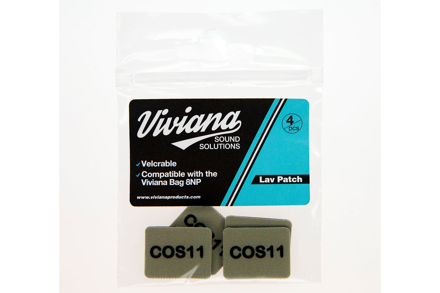 Olive/brown lav mic patches labeled COS11, 4-pack in clear pouch.