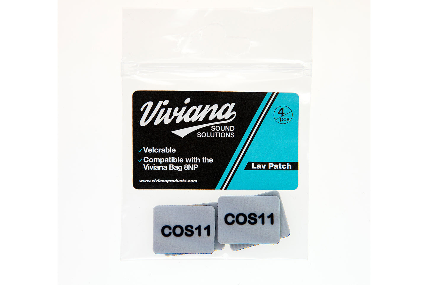 Gray lav mic patches labeled COS11, 4-pack in clear pouch.