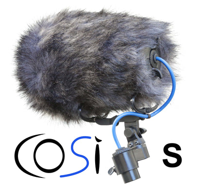 Furry gray microphone windshield with shock mount clip and blue loop