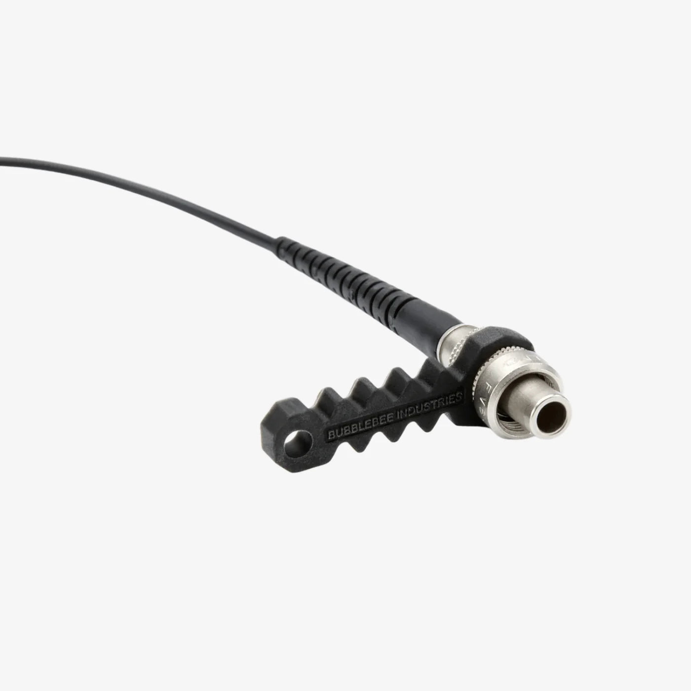 Black cable saver clip with ridged mount and cable connector end