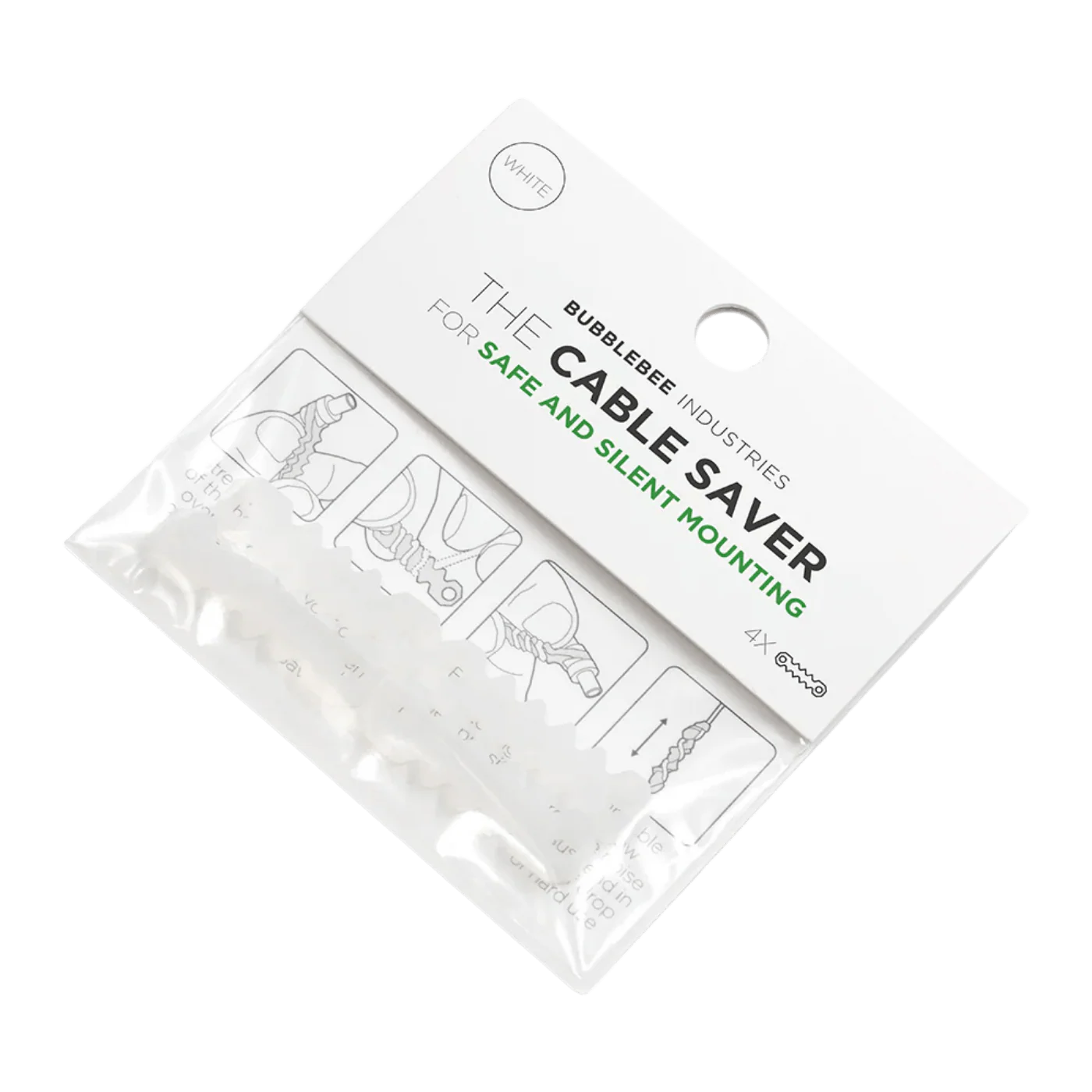 White cable saver 4-pack kit on blister card with 4 mounting clips