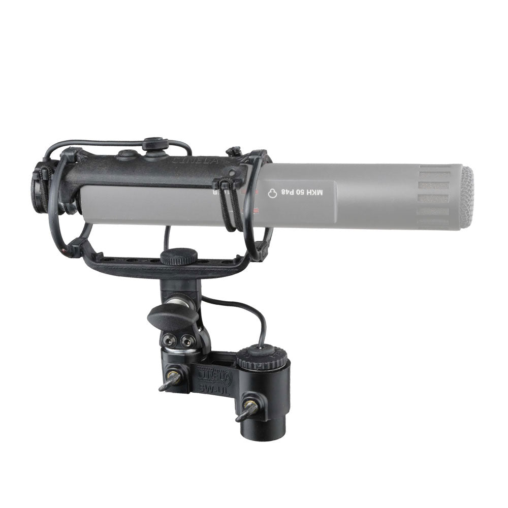 Microphone suspension shock mount with gray barrel and black elastic frame