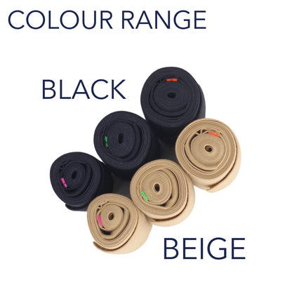 Strap pouch colour range in black and beige, shown as stacked roll materials.
