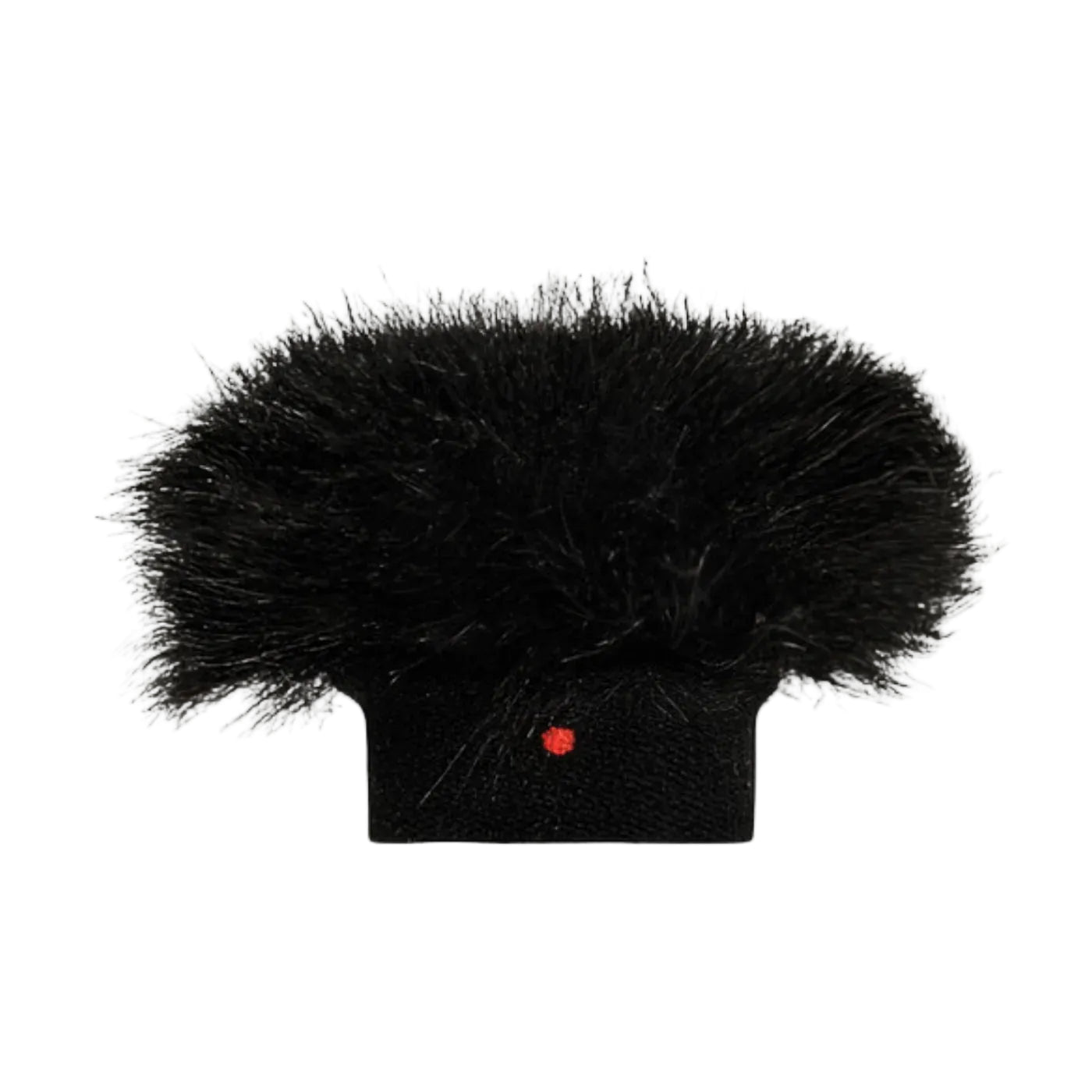 Black faux fur beanie hat with small red logo patch