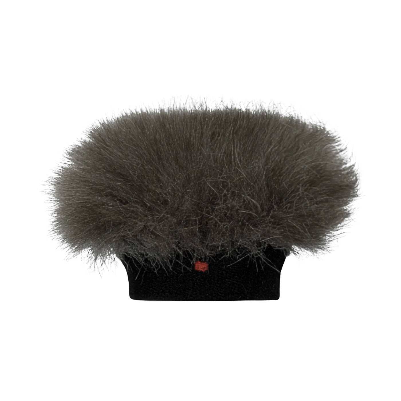 Grey faux fur beanie hat with small red logo patch