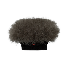 Grey faux fur beanie hat with small red logo patch