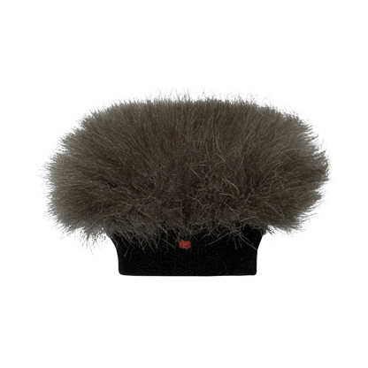 Grey faux fur beanie hat with small red logo patch