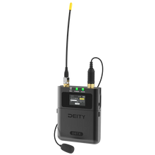 Black bodypack transmitter with LCD screen, antenna wire, and belt clip