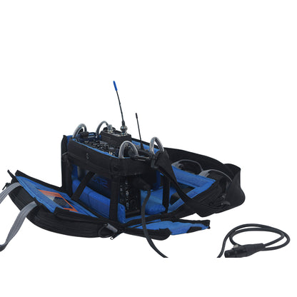 Audio mixer bag side angle with shoulder strap, blue interior supports, and audio cables