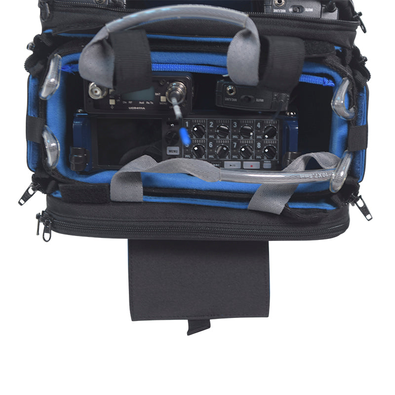 Audio mixer bag open front with blue padded compartments and molded device organizer