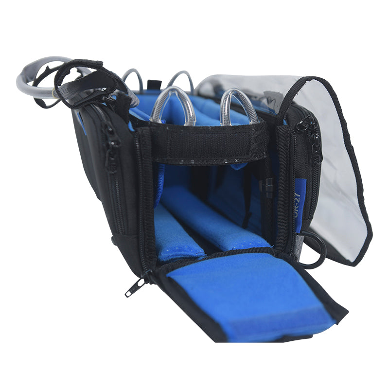 Audio mixer bag with clear top panel, blue padded divider, and zippered side pockets