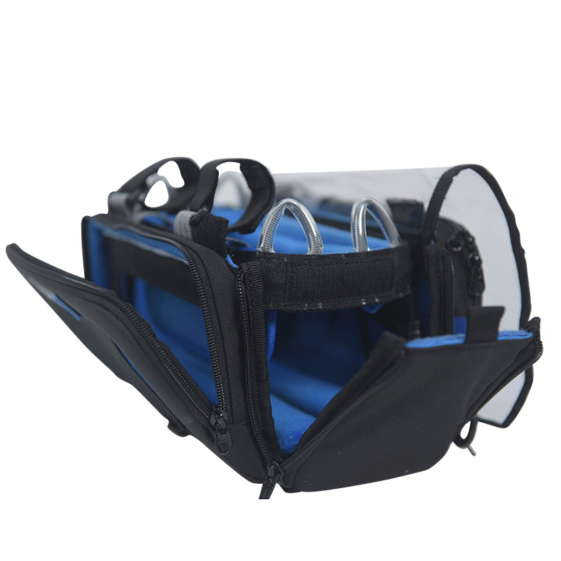 Audio mixer bag side view with clear back panel, blue lining, and thick padded walls