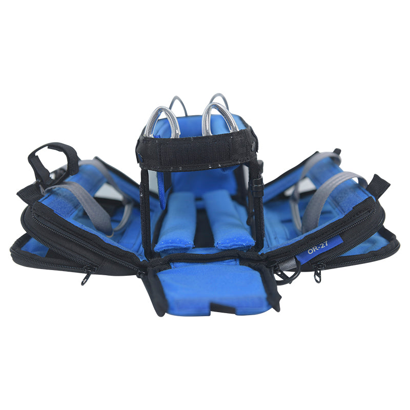 Audio mixer storage bag with blue padded inserts, side straps, and zippered openings