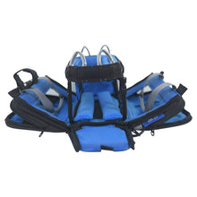 Audio mixer storage bag with blue padded inserts, side straps, and zippered openings