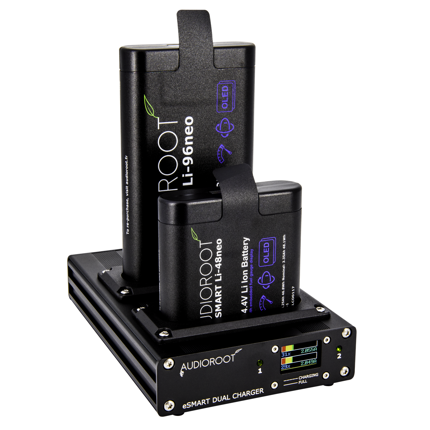 Audioroot eSMART DUAL charger with batteries fitted