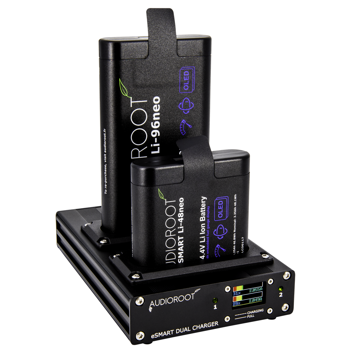 Audioroot eSMART DUAL charger with batteries fitted