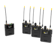 DEITY wireless transmitter kit with multiple black units, antennas, and LCD screens