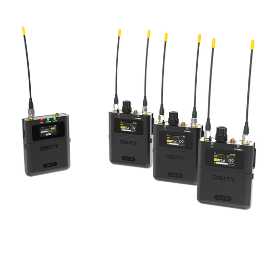 DEITY wireless transmitter kit with multiple black units, antennas, and LCD screens