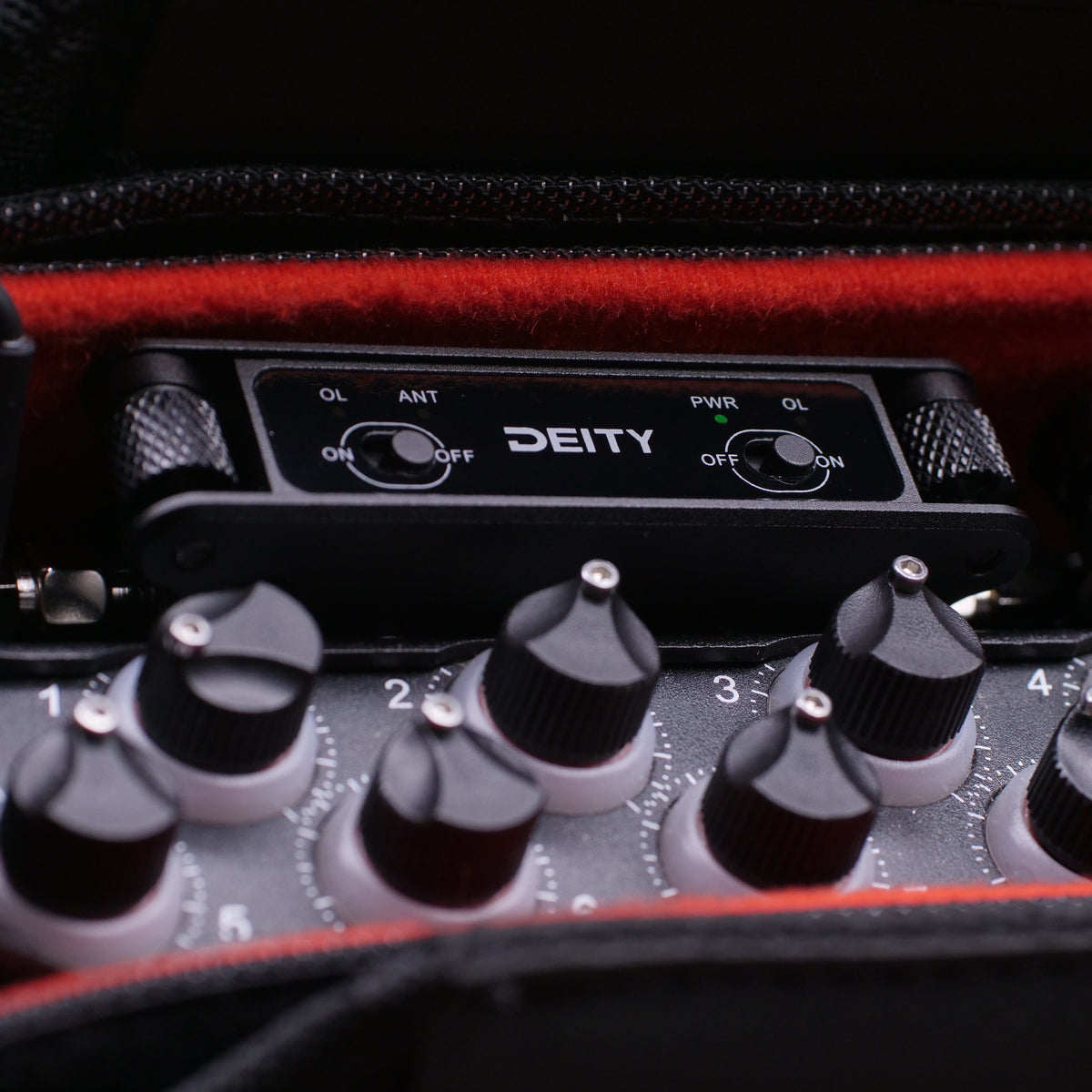 RF distributor front panel with DEITY controls, ON/OFF switches, and numbered knobs
