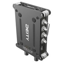 Angled black RF signal distributor with multiple BNC connectors and mount points