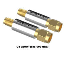 Cylindrical RF filter pair with gold threaded coax connectors and white label
