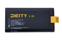 Black lithium-ion battery pack back label with DEITY logo, QR area, and tabs