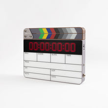 Front view of wireless timecode slate with red timecode and color-striped top