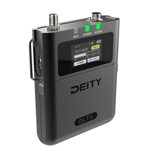 Wireless transmitter side view with REC, POWER, and AUDIO indicators
